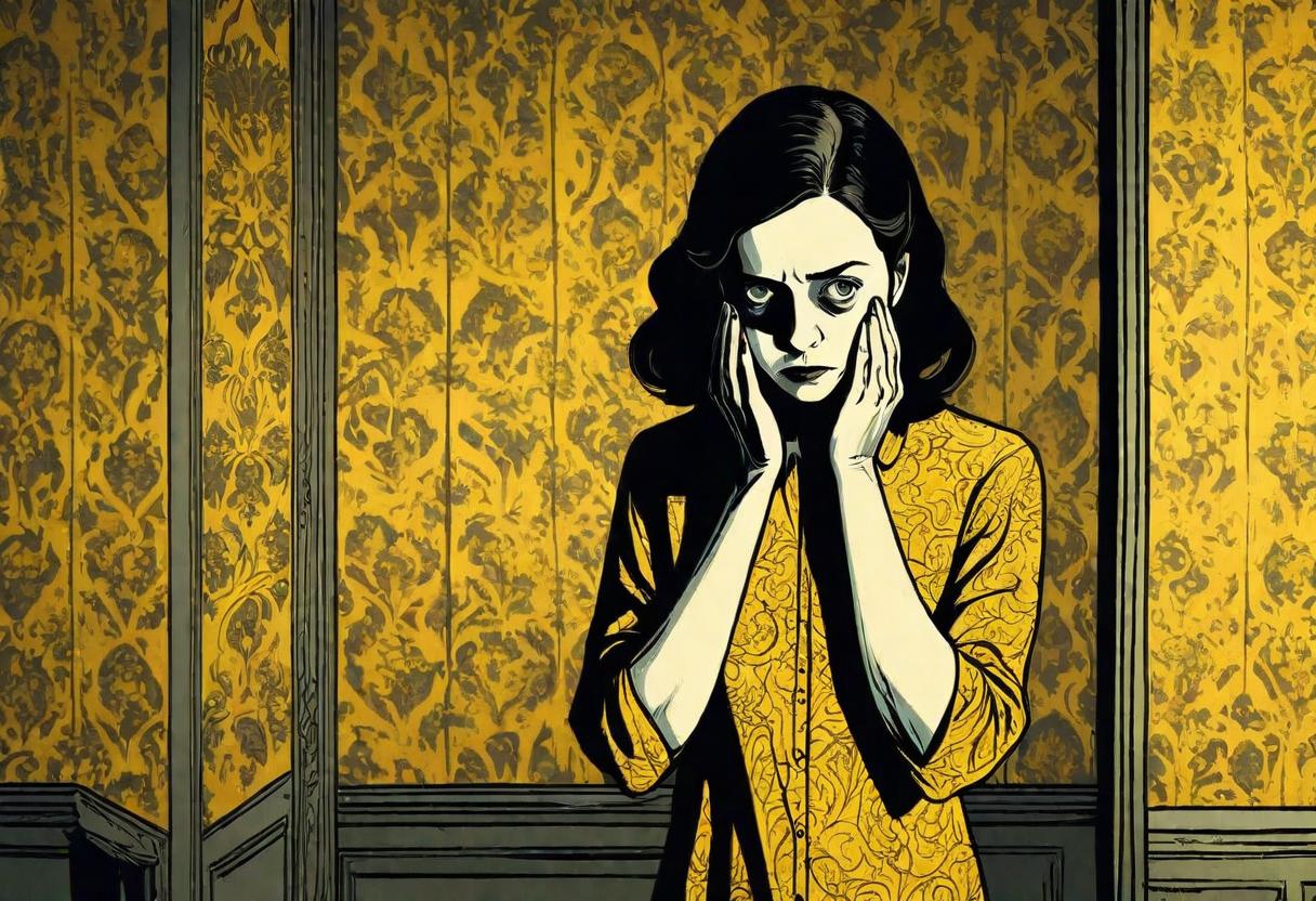 A woman named Jane stands in a dimly lit room with eerie yellow wallpaper.